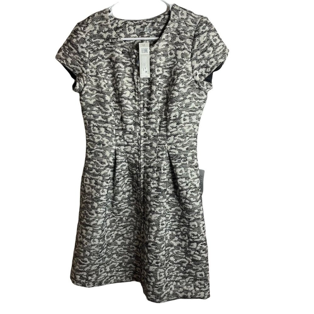 Eliza J Dress 8P Zipper Front Leopard Knit Jacquard Fit Flare Metallic Ivory New